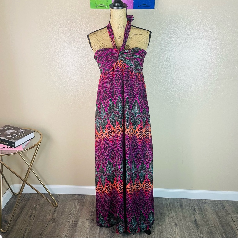 Xhilaration Halter/ Tie Bust Maxi Dress Multicolor Size S Sundress Spring Summer
